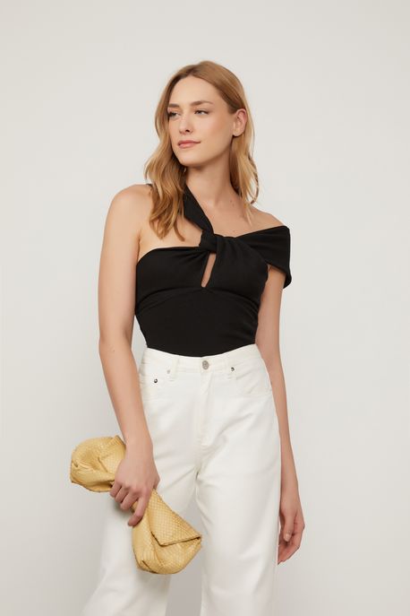 Blusa De Tricot Preta Com Torcao No Bust Preto - P