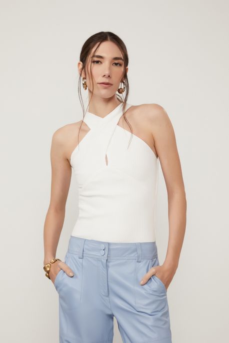 Blusa De Malha Canelada Off White Com Decote Cruzado Off White - PP