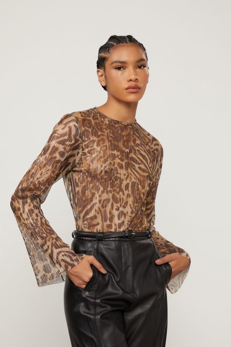 Blusa De Tule Plissado Estampada Com Manga Longa Est Leopardo - P