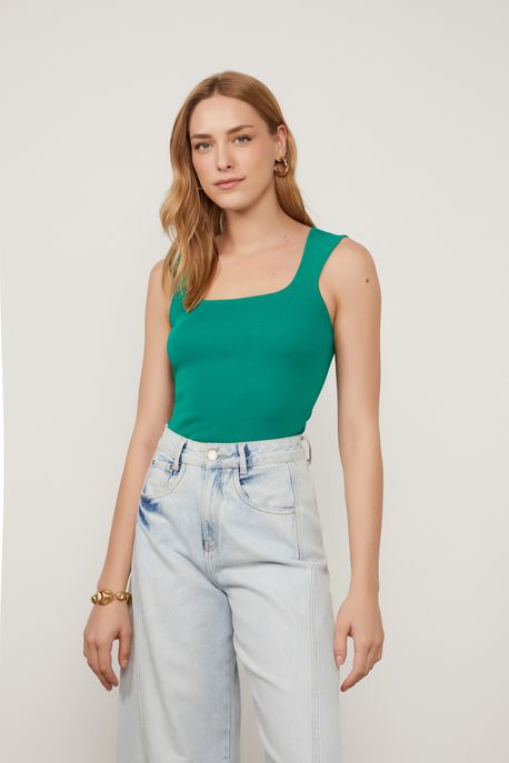 Regata De Tricot Verde Com Decote Quadrado Verde Natureza - M