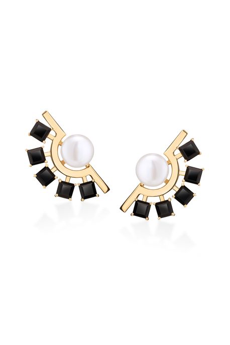 Brinco Iconic Leque Oa C/ Quartzo Negro e Perola - U