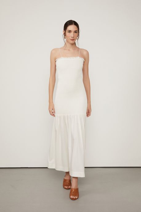 Vestido De Lastex Midi Com Babado Off White - 44
