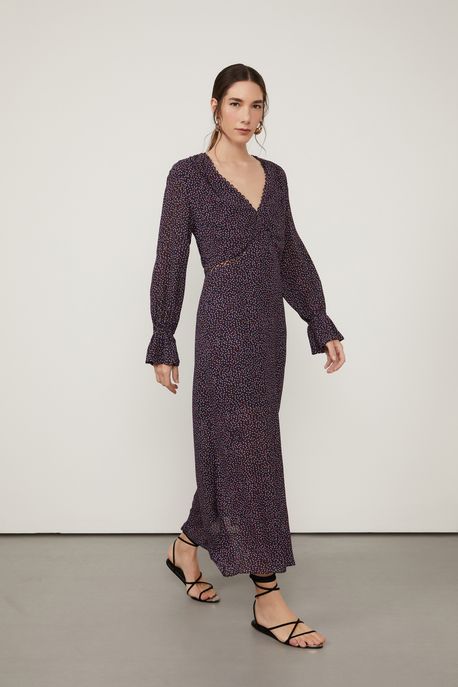 Vestido De Georgette Midi Manga Longa Estampado Decote v Est Pois Grafico Color - 36