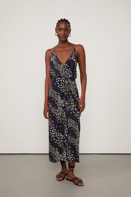 Vestido De Georgette Midi Pareo Estampado Est Pois Passaro Marinho p - 40