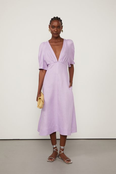 Vestido De Linho Com Decote Em v Roxo Fada Roxo Fada - 36