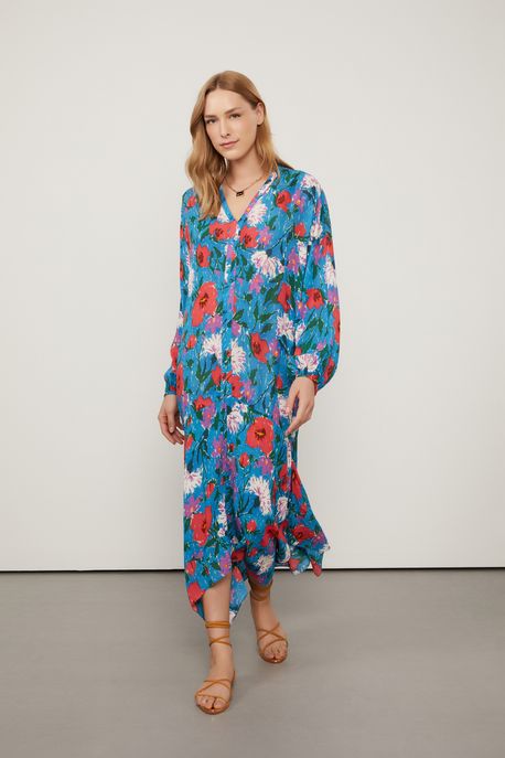 Vestido De Georgette Pesado Midi Fluido Estampado Manga Longa Est Floral Sketch Color - 38