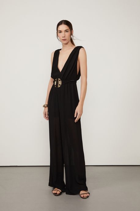 Macacao De Cepe Com Franzido Na Cintura Preto - 36