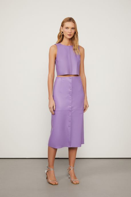 Saia De Couro Midi Cintura Alta Botões Forrados Roxo Mirtilo - 44