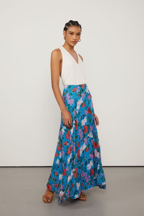 Saia De Georgette Leve Midi Nesgas Estampada Est Floral Sketch Color - 36