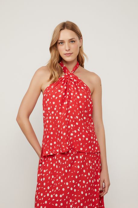 Blusa Sem Manga Decote Frente Única De Viscose Estampada Est Geo Luas Fiery p - 38