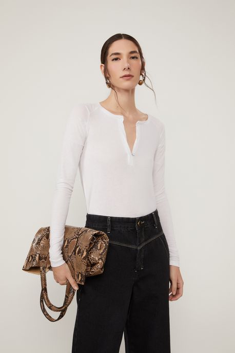Blusa De Malha Com Decote v e Manga Longa Raglan Branco - PP