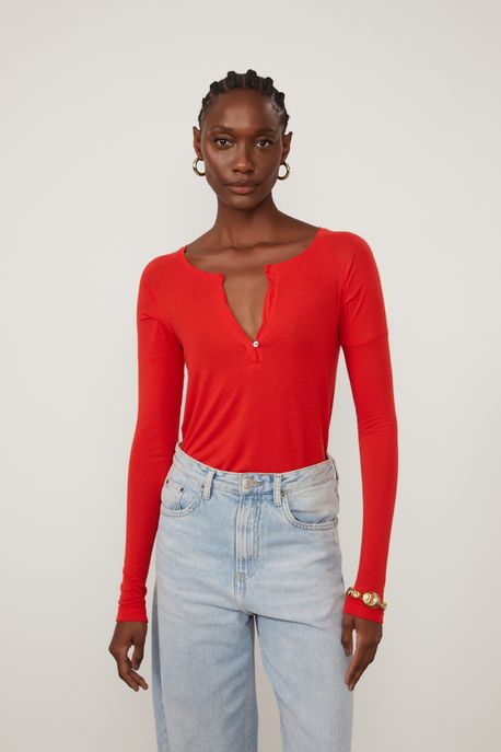 Blusa De Malha Vermelho Fiery Com Decote v e Manga Longa Raglan Vermelho Fiery - PP