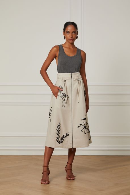 Saia Midi De Linho Com Bordado Manual Natural - 36