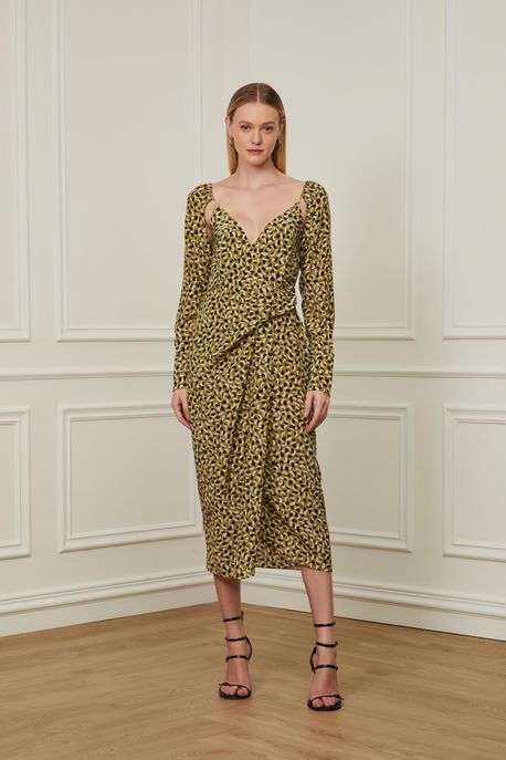 Vestido De Seda Midi Decote Cachecoeur Estampado Manga Longa Est Textura Elos Color - 36