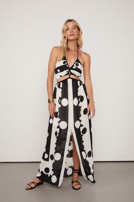 Vestido Longo Com Amarracao No Busto Est Lenco Pois Recote g - 36