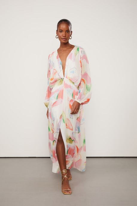 Vestido De Georgette Leve Midi Manga Ampla Estampado Est Loc Abstrato Solsticio p - 40