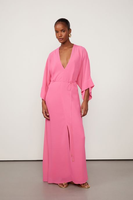 Vestido De Georgette Pesado Longo Rosa Kimono Rosa Shocking - 42