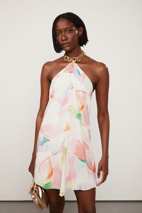 Vestido De Seda Curto Frente Única Estampado Est Loc Abstrato Solsticio p - 44