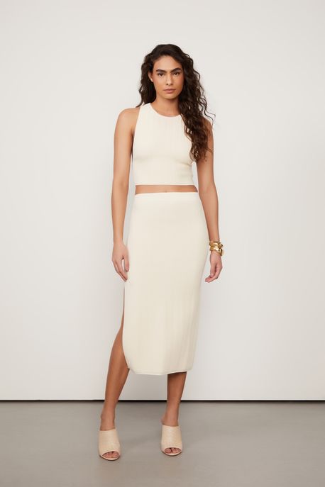 Saia De Tricot Textura Midi Bege Bege Flan - P
