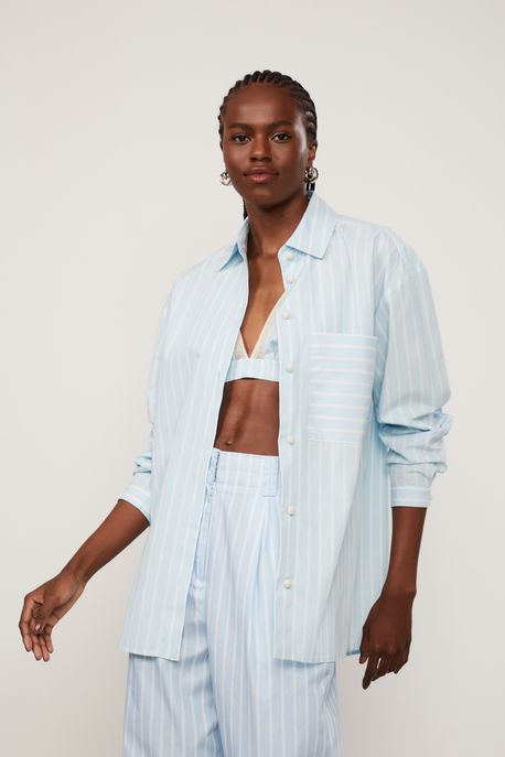 Camisa Oversized Com Top Listrada Azul Sereia - 42