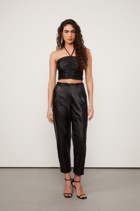 Top De Couro Franzido Amarração Preto - 40