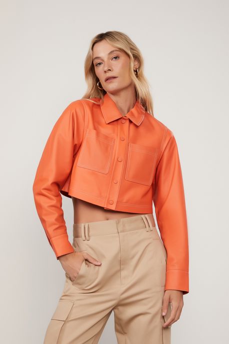 Jaqueta Cropped Com Bolsos Frontais e Pe Laranja Arte - 38