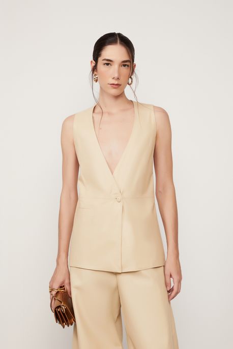 Colete De Couro Maxi Transpasse Bege Golden Bege Golden - PP