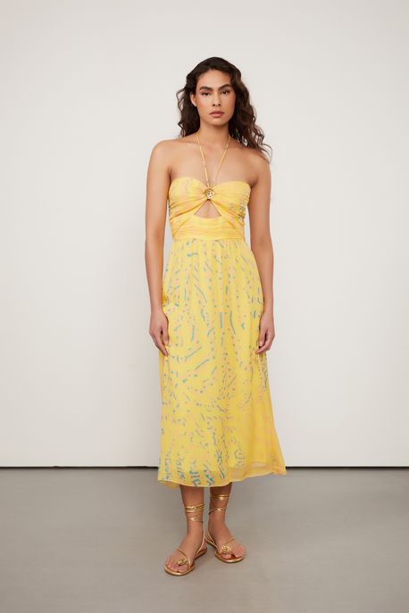 Vestido De Georgette Leve Midi Frente Única Estampado Com Broche Est Textura Peixes Golden e Solsticio - 34