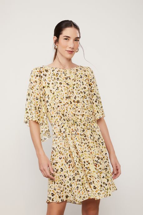 Vestido De Georgette Curto Com Amarração Estampado Est Onca Aquarela Biscoito - 42