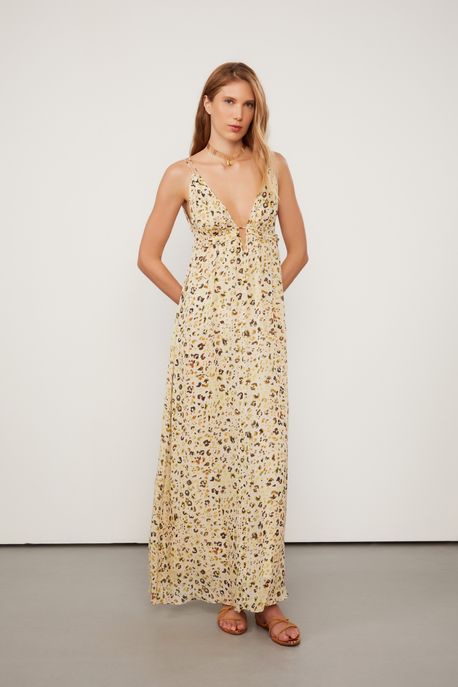 Vestido De Georgette Longo Com Detalhes a Fio Estampado Est Onca Aquarela Biscoito - 44