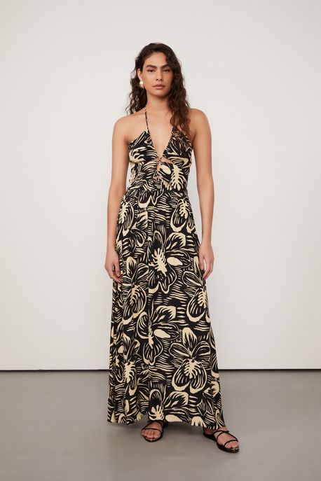 Vestido Longo Decote Cruzado Floral Est Floral Sereno Preto e Flan m - 40