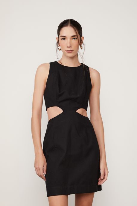 Vestido Curto Sem Manga Reto Detalhe Aberturas Nas Laterais De Algodão Preto Preto - 42