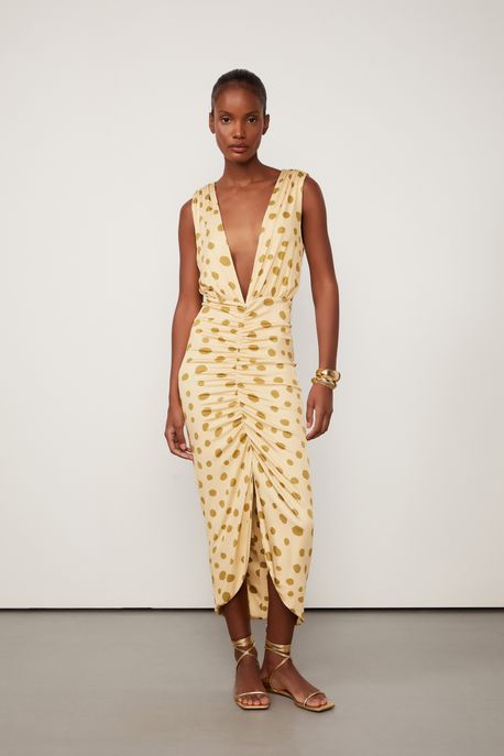 Vestido Midi Estampado Com Decote Est Pois Ciclos Golden e Musgo - 38