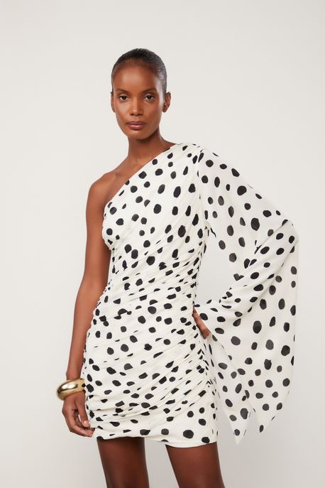 Vestido Georgette Curto Estampado Est Pois Ciclos Tofu e Preto - 36