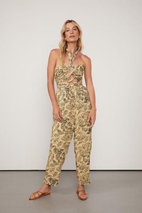 Macacão De Georgette Pesado Amarração Estampado Franzido Est Folhagem Sketch Golden - 38