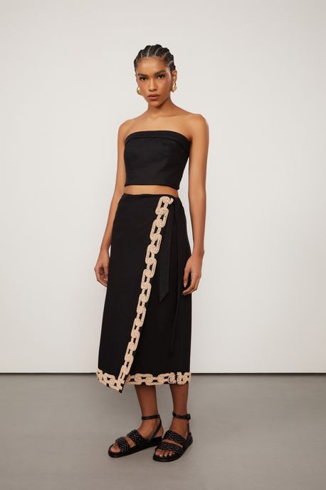 Saia Transpassada Bordado Com Miçanga Preto - 40