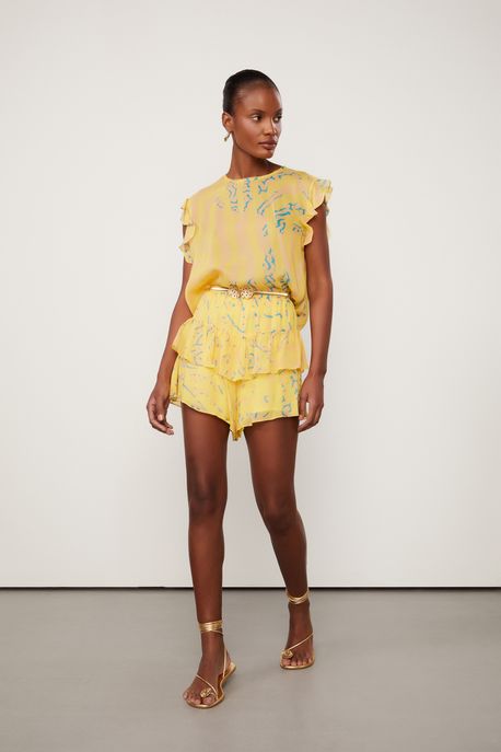 Short De Georgette Leve Camadas Estampado Est Textura Peixes Golden e Solsticio - 36