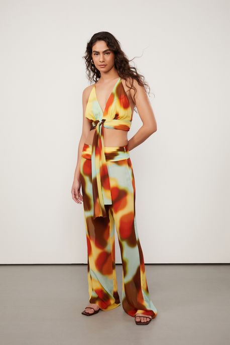 Calça De Georgette Leve Flare Estampada Cintura Alta Est Abstrato Silhuetas Yucca - 38
