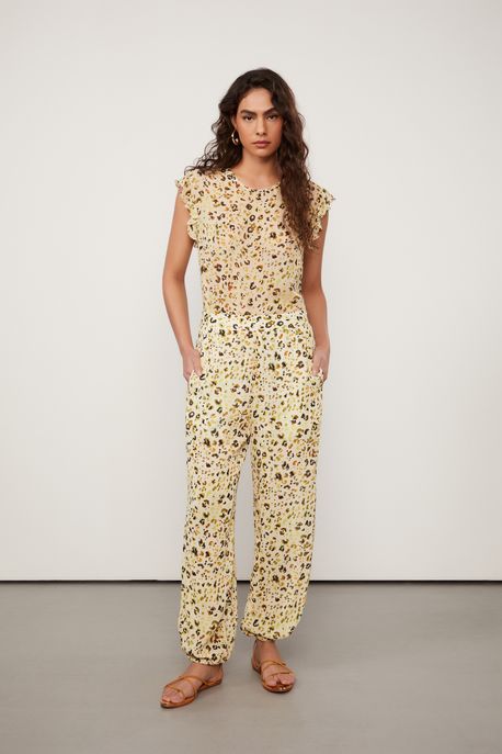 Calça De Georgette Com Cós Elástico Estampado Est Onca Aquarela Biscoito - 44