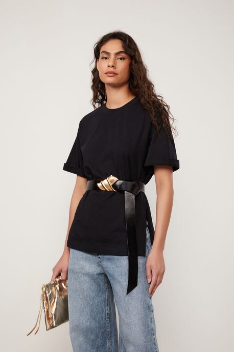 T-Shirt De Malha Oversized Com Detalhe Fenda Preto - P