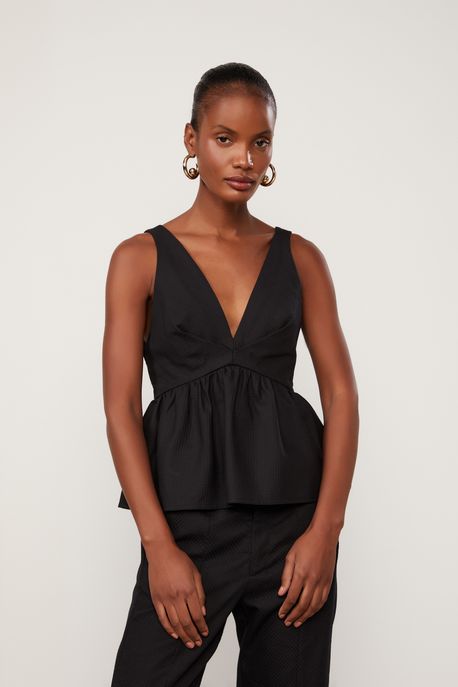 Blusa Sem Manga Decote v Com Peplum De Piquet De Algodão Preto Preto - 38