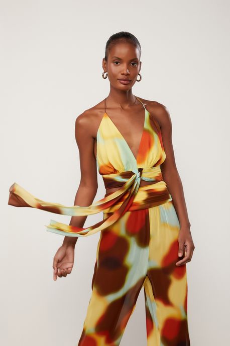 Top De Georgette Leve Pala Franzida Estampado Com Faixa Est Abstrato Silhuetas Yucca - 42