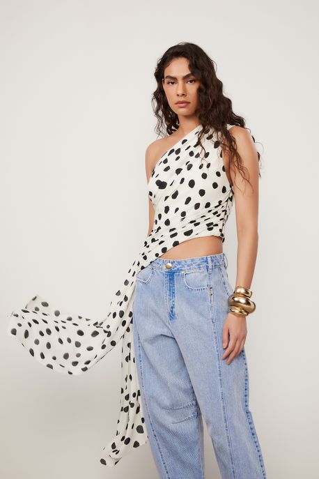 Blusa De Georgette Estampado Um Ombro So Est Pois Ciclos Tofu e Preto - 40