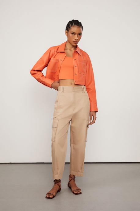 Top Cropped De Tricot Canelado De Alça Laranja Arte - P