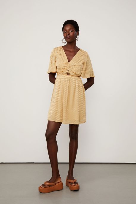 Vestido Curto Franzido e Aviamento Frente Bege Curry - P