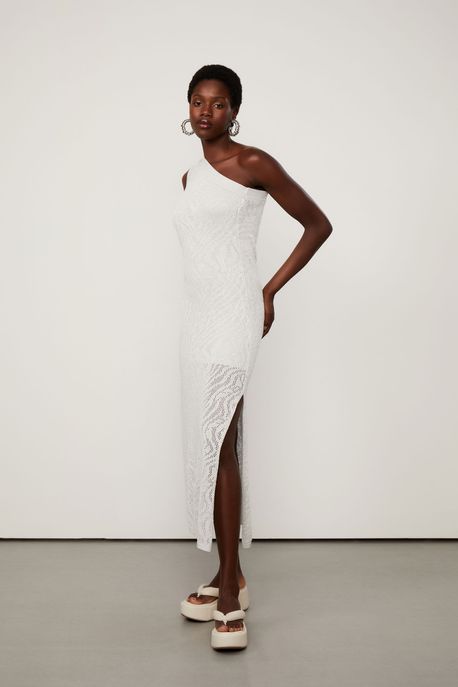 Vestido De Tricot Jacquard Com Lurex Um Ombro Só Off White - P