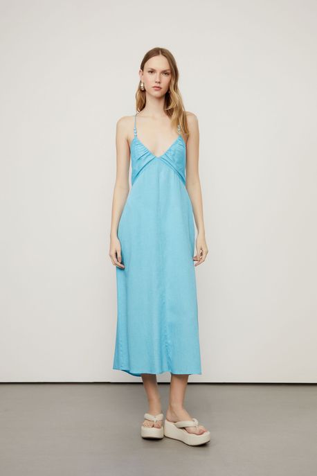 Vestido Alças Midi Franzido e Aviamento Azul Maui - G