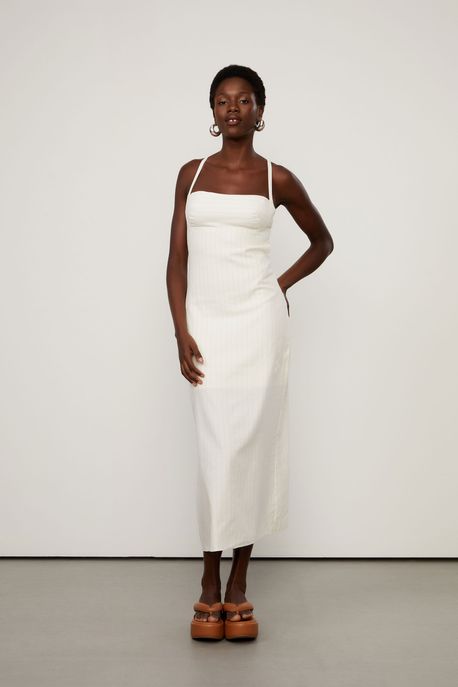 Vestido Midi Stripes De Linho Off White + Listra Bege - G