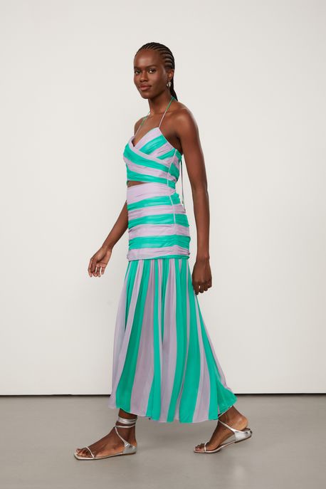 Vestido De Georgette Midi Franzido Estampado Frente Única Est Listra Boreal Summer e Pastel - 38