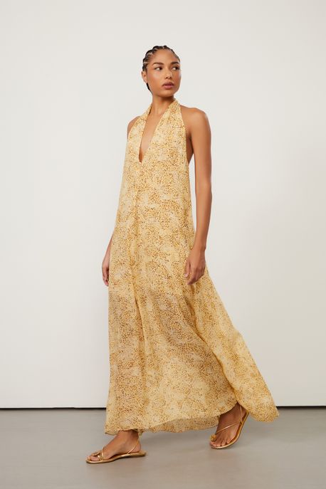 Vestido De Georgette Midi Com Frente Única Estampado Est Onca Leve Flan - 44